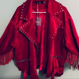 Red Velvet Tassled Moto Jacket